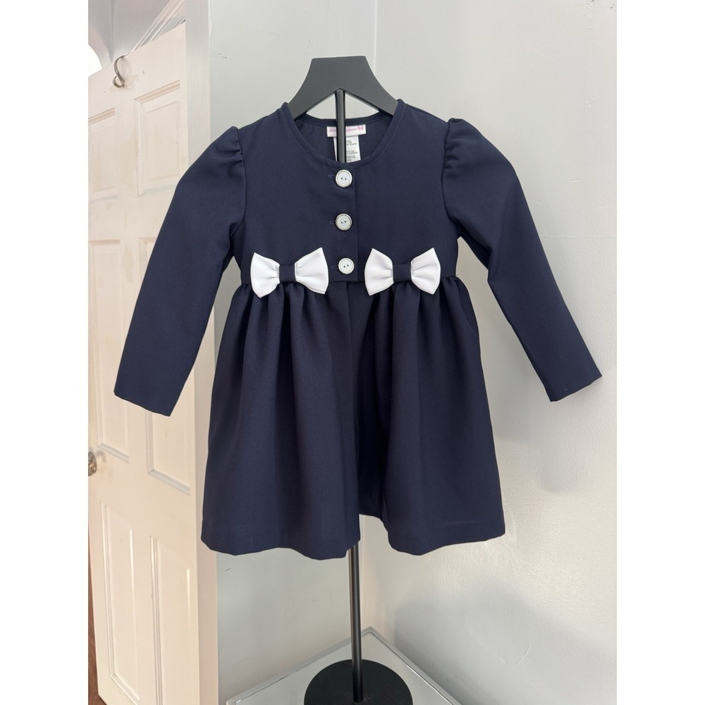 Bonnie‎ Jean Navy Blue Long Sleeve Baby Girl Jacket with White Bows Button Sz 5